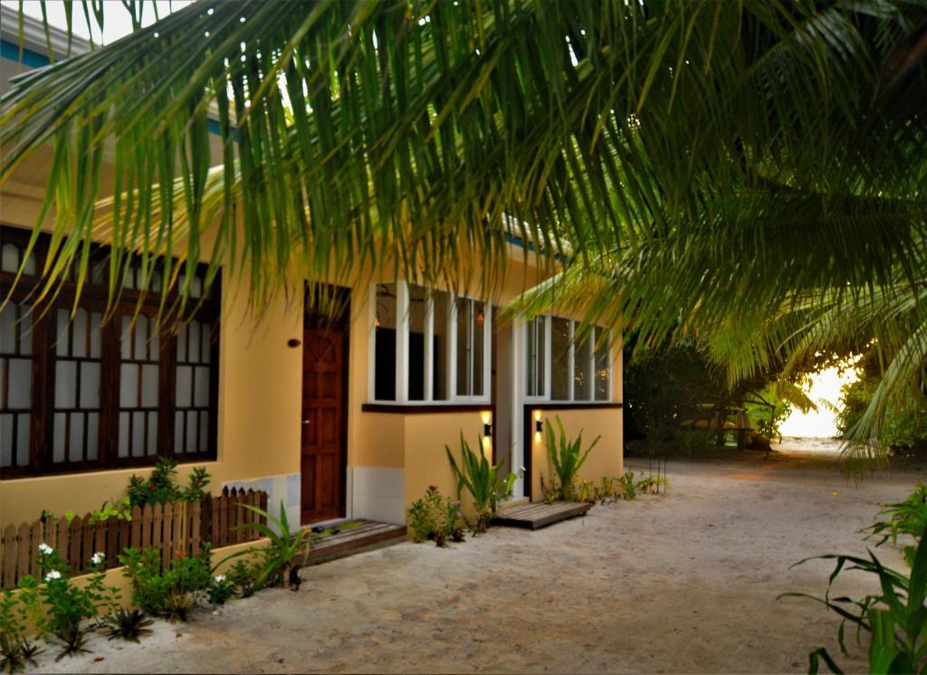 a building with a palm tree in front of it at Dhigurah Beach Inn in Dhigurah
