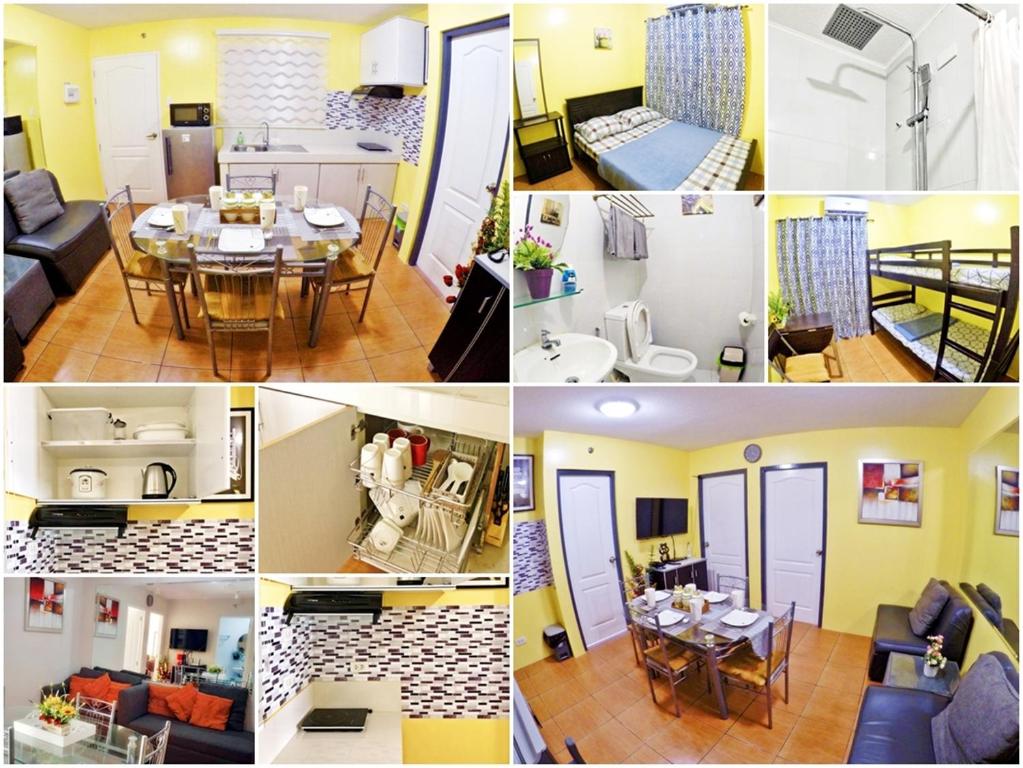 un collage de fotos de una cocina y una sala de estar en ARC 2219 Home Rentals 2BR en Cebú