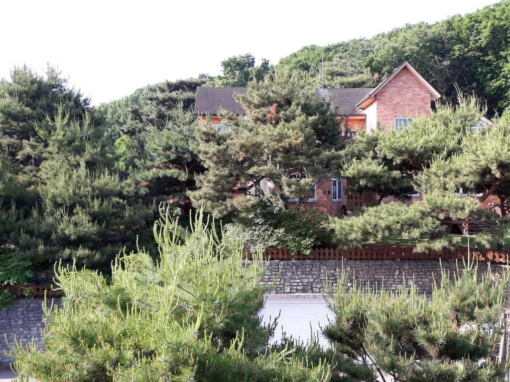 una casa en medio de una colina con árboles en The Hyu Largo en Yongin