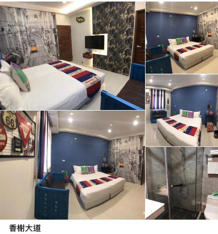 a collage of pictures of a hotel room with two beds at 宜蘭F1包棟 villa in Wujie