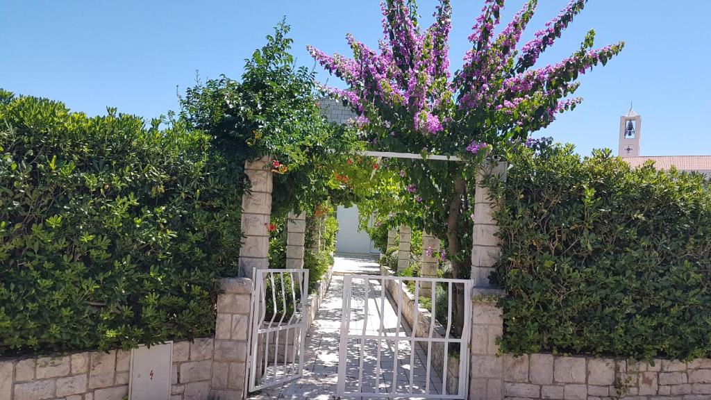un jardín con flores púrpuras y una puerta en Apartman LUCIJA en Korčula