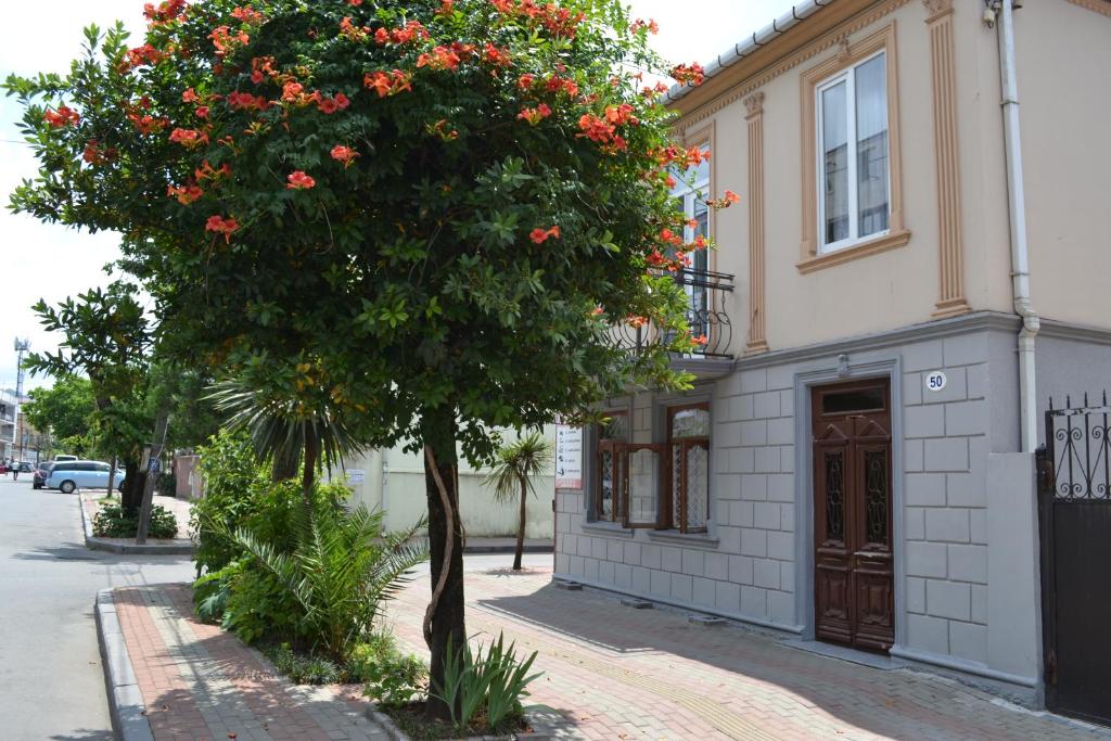 uma árvore com flores vermelhas em frente a um edifício em Apartment Fumfula em Batumi