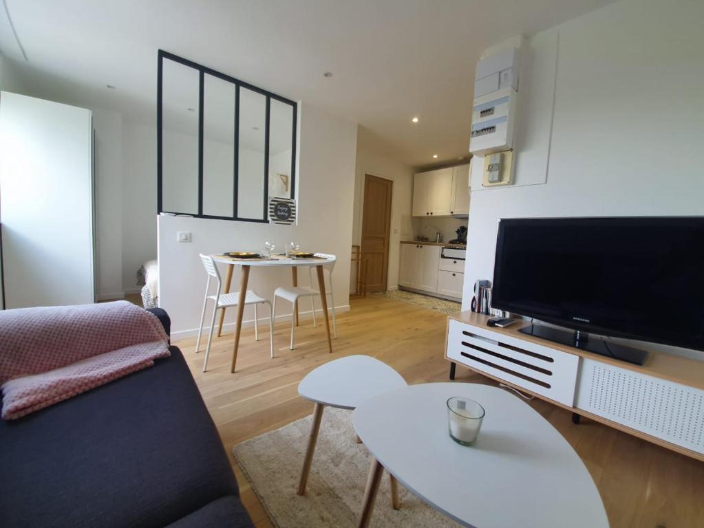 a living room with a couch and a tv and a table at les lilas in Ozoir-la-Ferrière