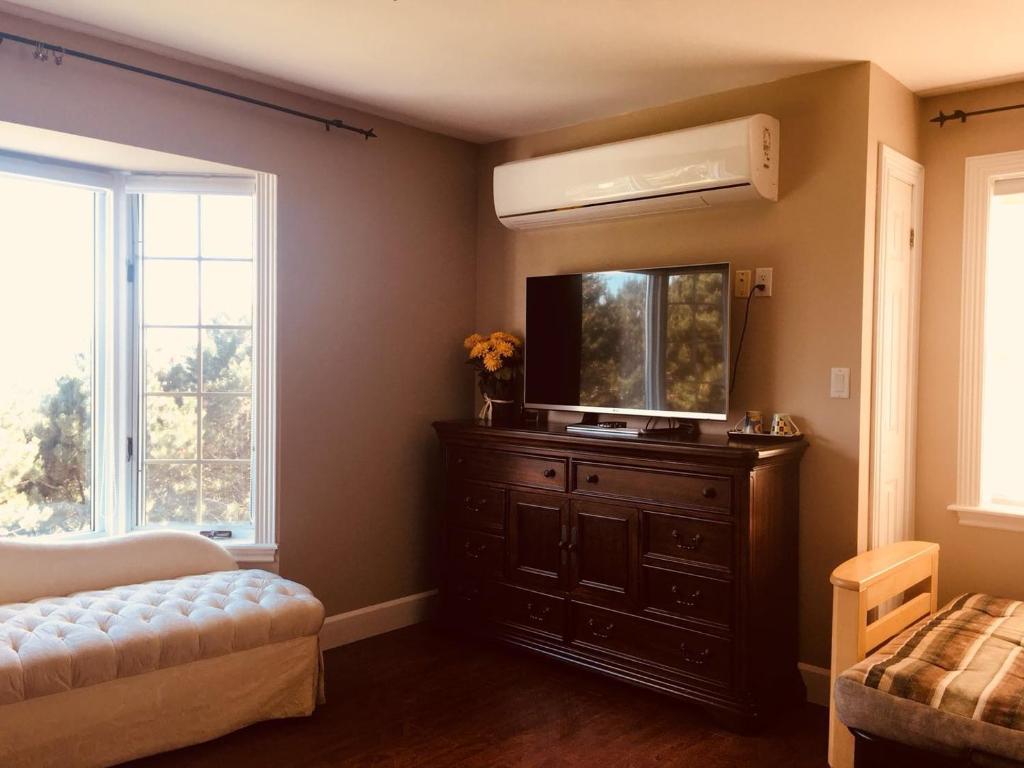a bedroom with a bed and a dresser with a mirror at Seaview White House in Stratford