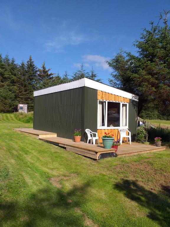 a green tiny house with a deck and two chairs at The Old Greenhouse in Dunvegan