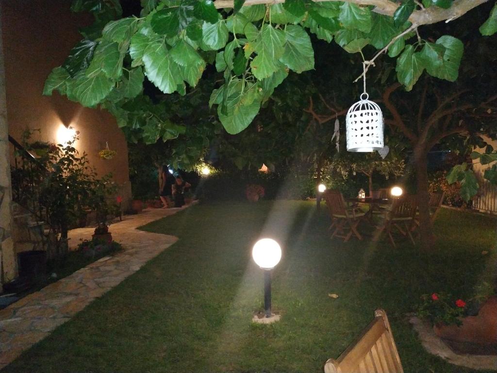 un giardino di notte con una luce nell'erba di Fani House a Kallithea