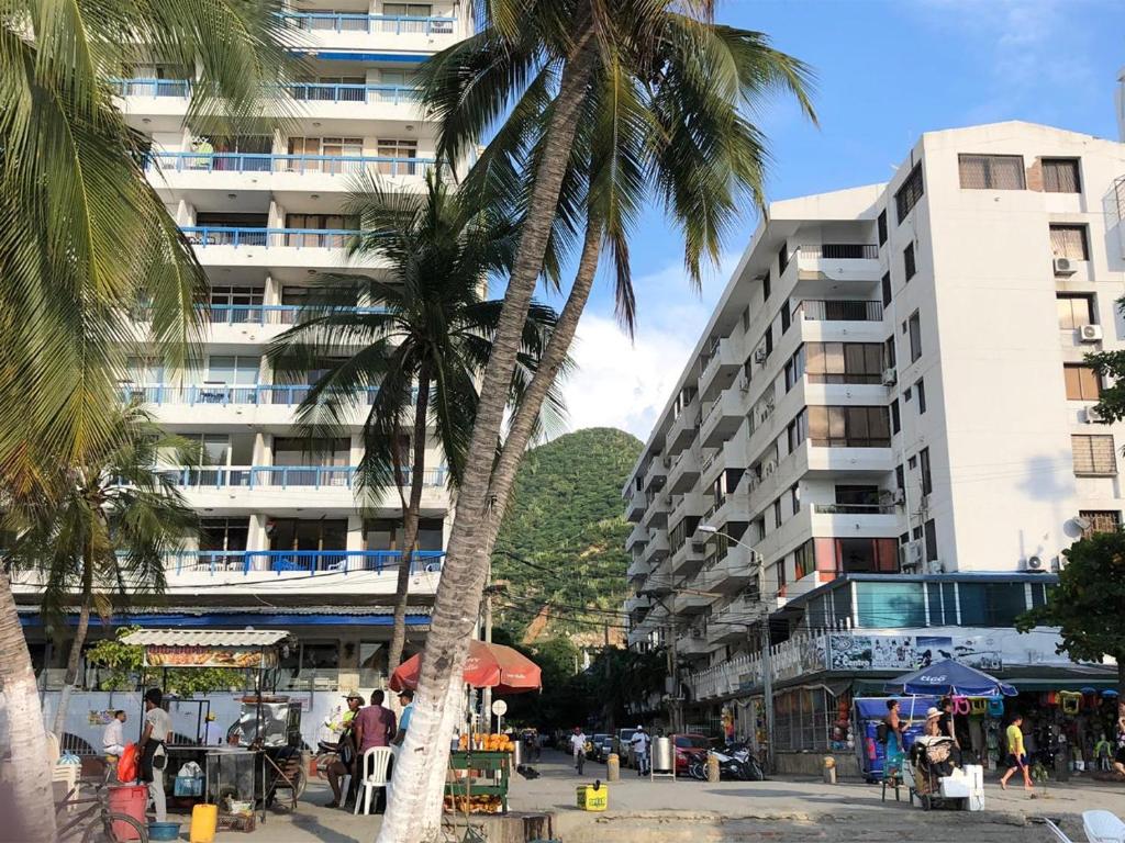 a palm tree in front of a tall building at EDIFICIO PALANOA APTO 507PQ RODADERO in Santa Marta