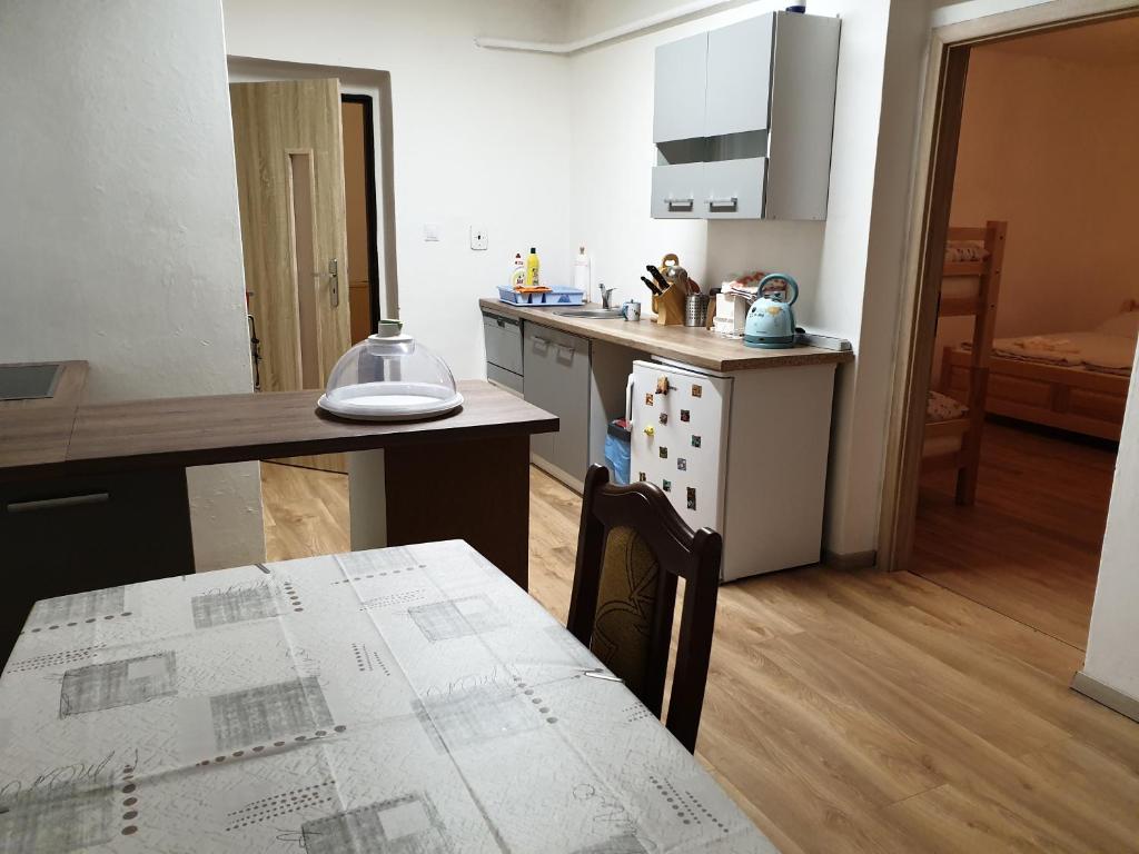 uma cozinha com uma mesa e uma bancada em Apartmán 33 em Teplice nad Metují