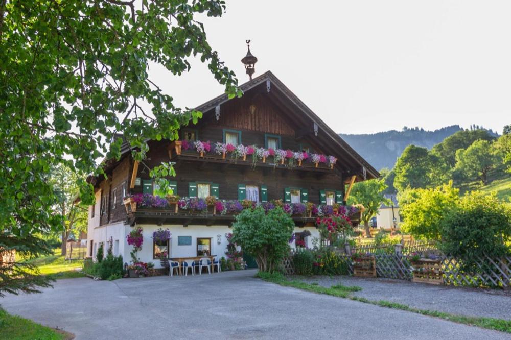 una casa con dei fiori sul lato di Haus Unterdorf a Goldegg