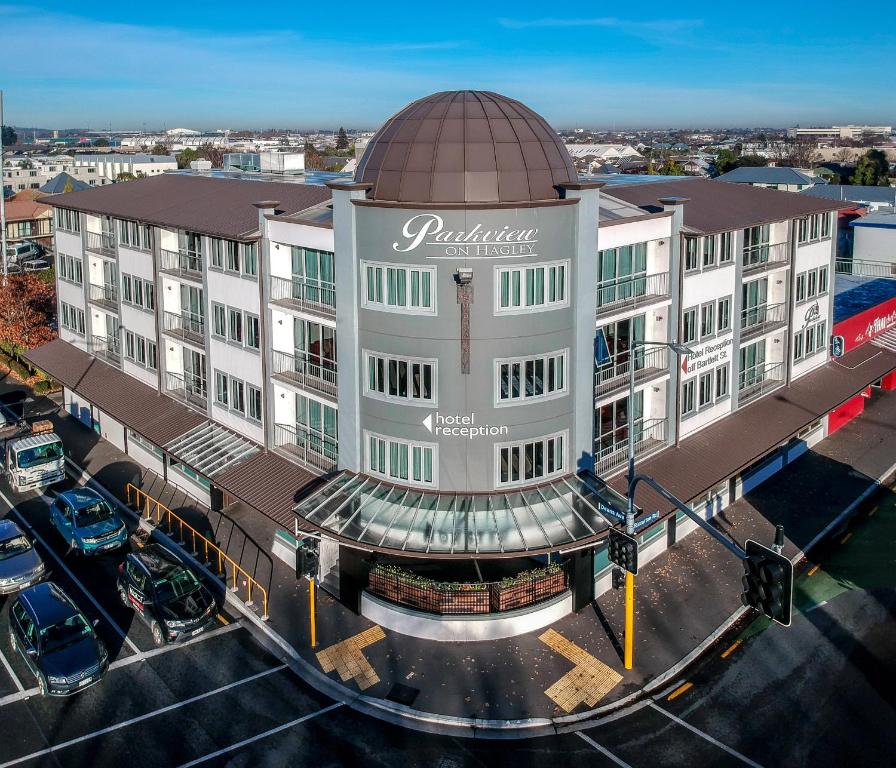 an overhead view of a building in a city at Parkview On Hagley in Christchurch