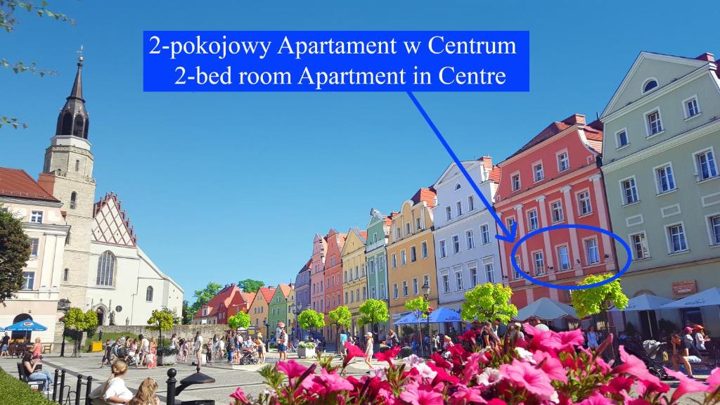ブンツラウにあるApartament Przy Starówce - Bellaのピンクの花と建物が並ぶ街道