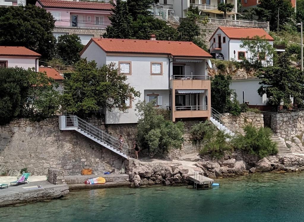 a house on the side of a hill next to the water at Apartments Vlasta in Karlobag