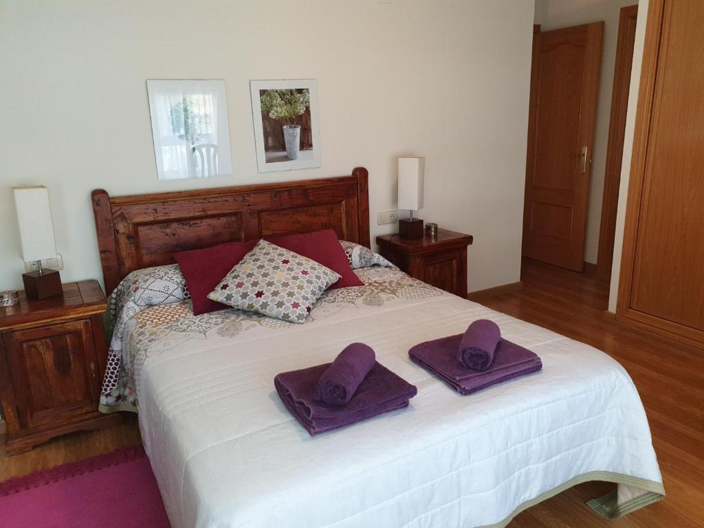 ハカにあるApartamento Rapitanのベッドルーム1室(紫色の帽子2つ付)