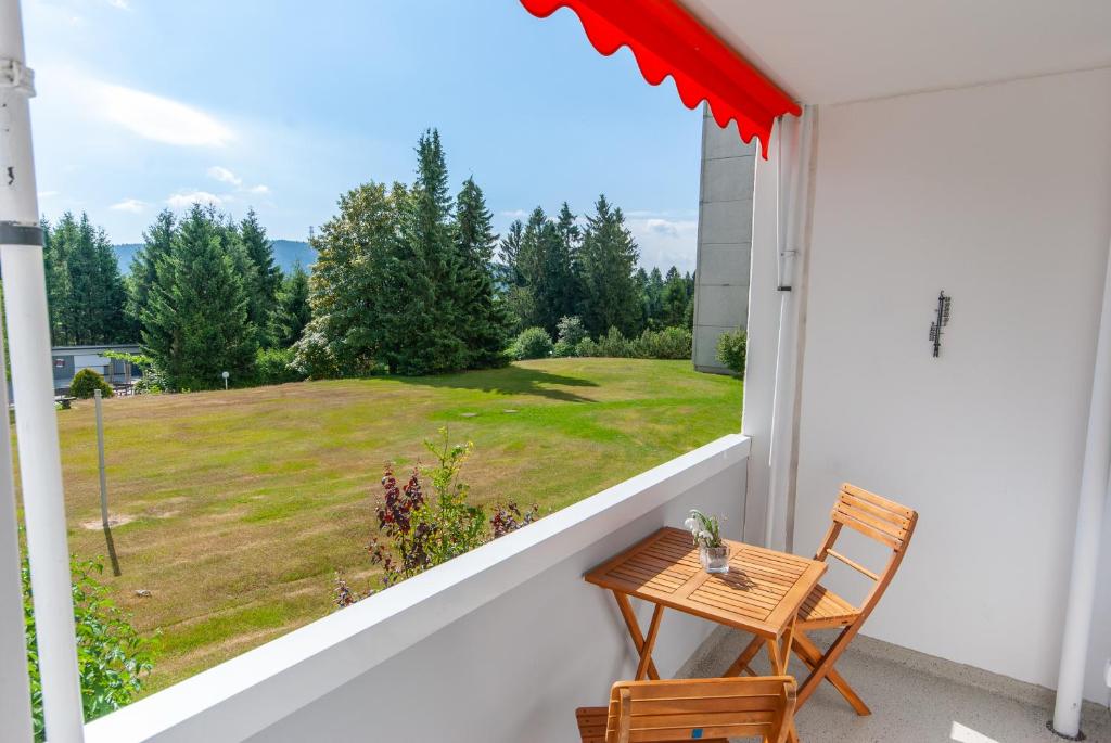 - une table sur un balcon avec vue sur la cour dans l'établissement Modern & schöner Ausblick, à Hahnenklee