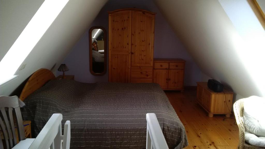 a bedroom with a bed and a dresser and a mirror at Ferienwohnungen und Haushälfte Friesland in Midlum
