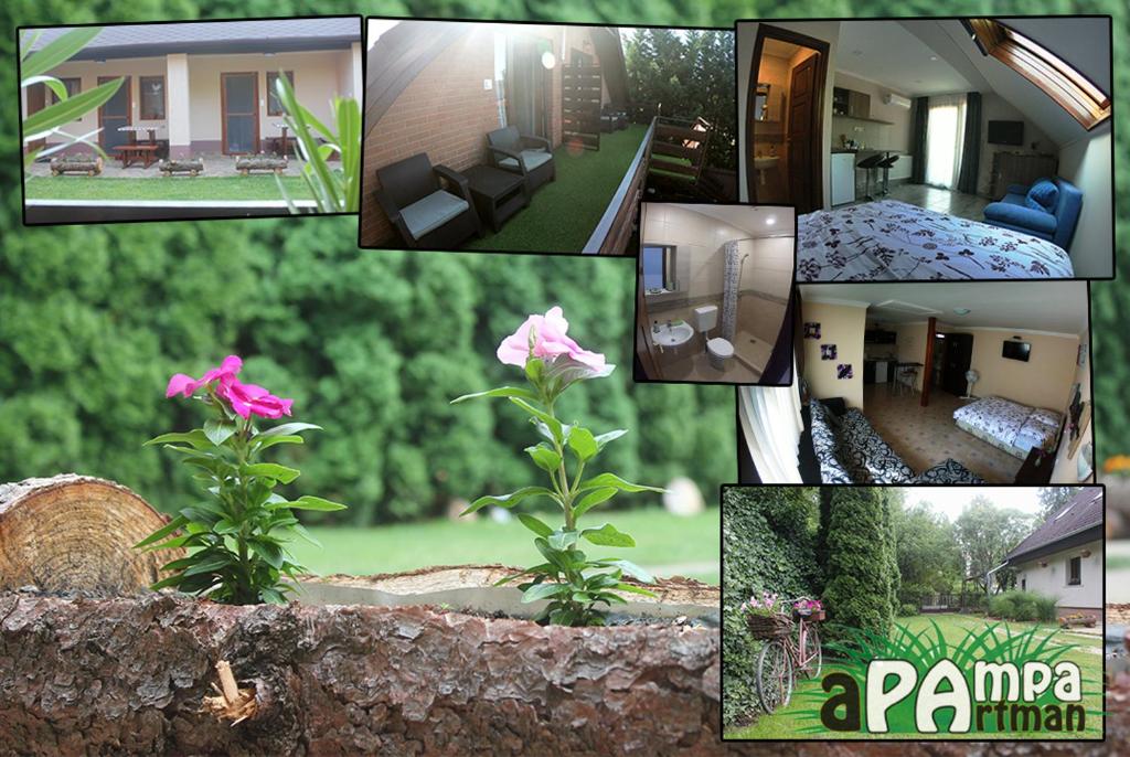 een collage van foto's van een huis en bloemen bij Apampa Apartman in Hajdúszoboszló