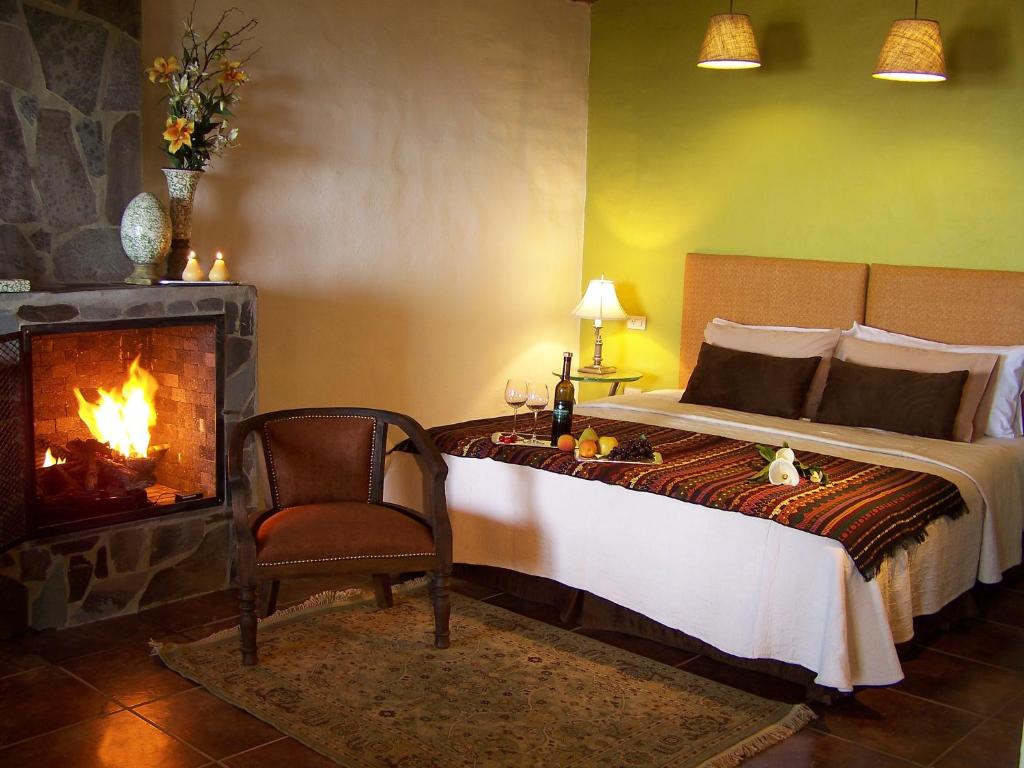 a bedroom with a bed with a fireplace and a chair at Hotel Villa Cassis in Tapalpa