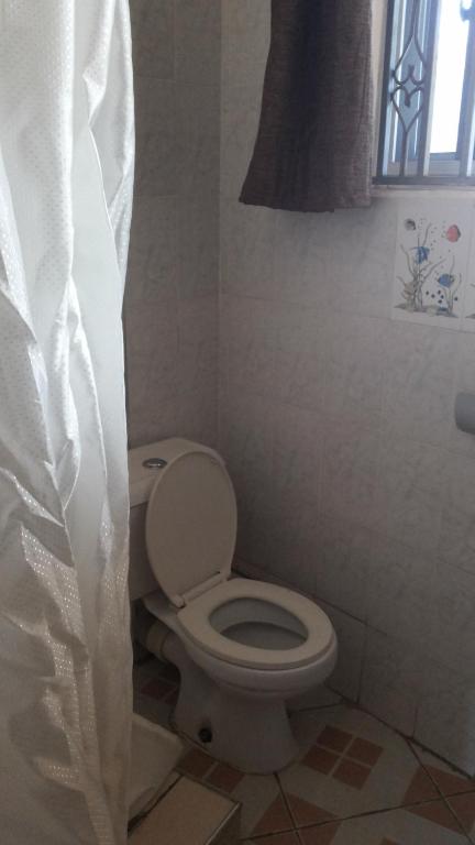 a bathroom with a toilet with a shower curtain at Hotel Dot Com Entebbe in Entebbe