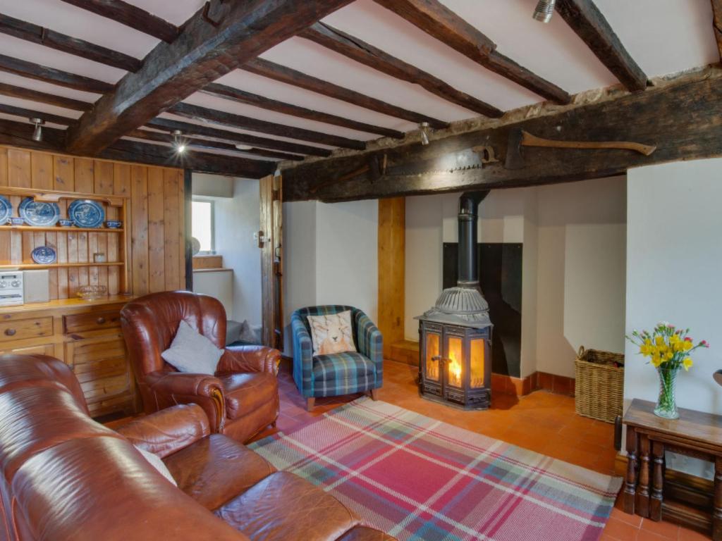 a living room with leather furniture and a wood stove at Holiday Home Mountain View Farm by Interhome in Llanfachreth