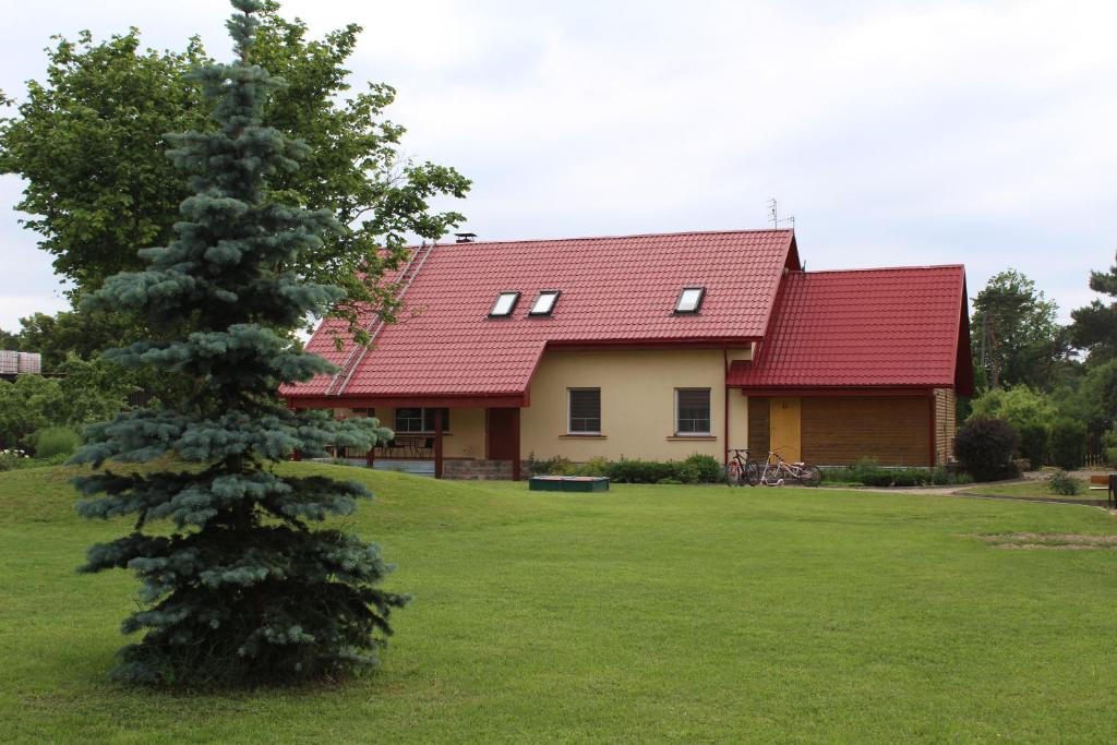 a house with a red roof and a pine tree at MKA Life in Ventspils