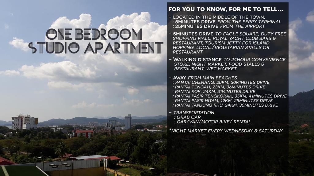a flyer for a studio apartment with a view of a city at Budget Studio Apartment in Kuah