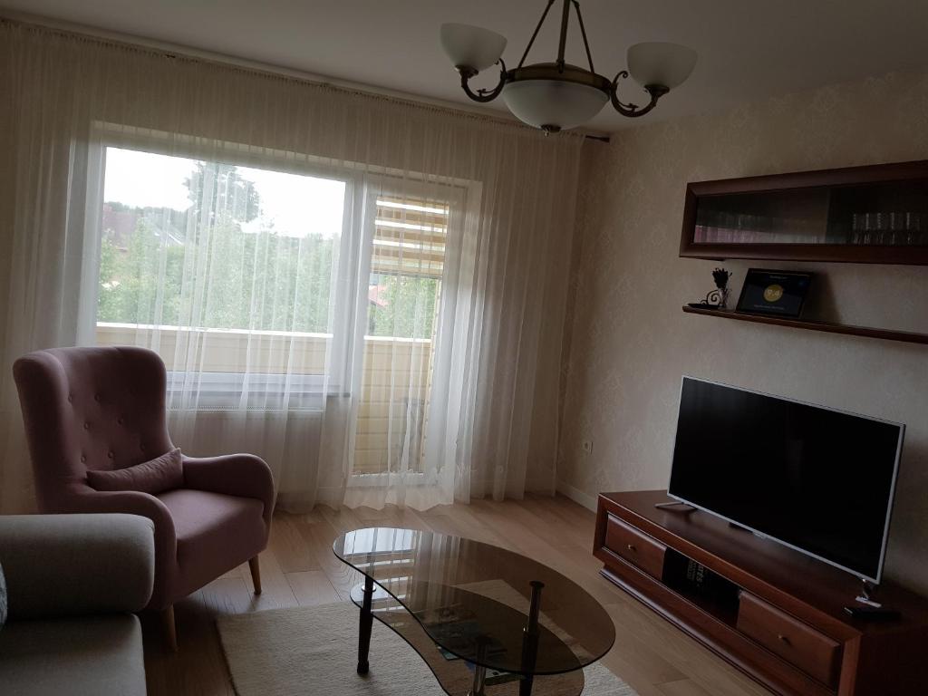 un salon avec une télévision, une chaise et une table dans l'établissement Apartamentai Gertrūda, à Druskininkai