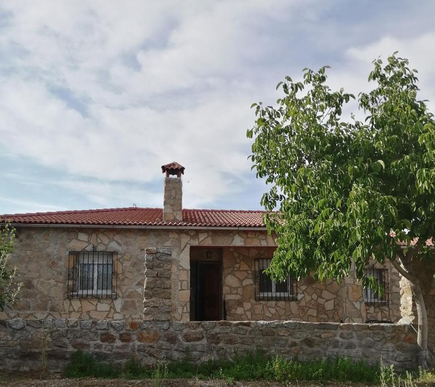 una vieja casa de piedra con un árbol delante en EL MIRADOR DEL CORNEJA, en Mesegar de Corneja