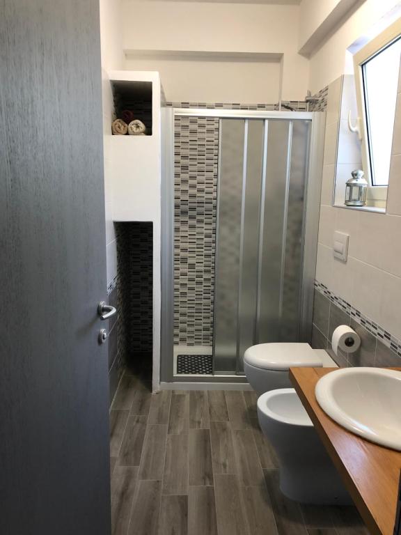 a bathroom with a shower and a toilet and a sink at B&B Le Palme in Cassino