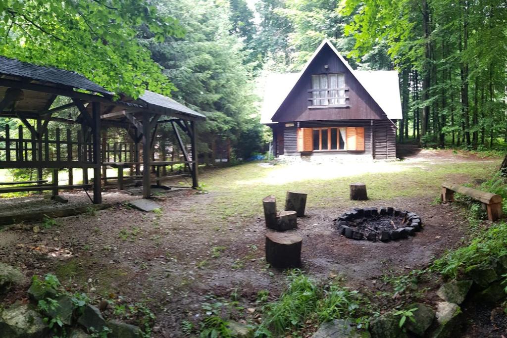a cabin in the middle of a yard with a fire pit at Slovak cottage near Bratislava in the heart of the Carpathians in Modra