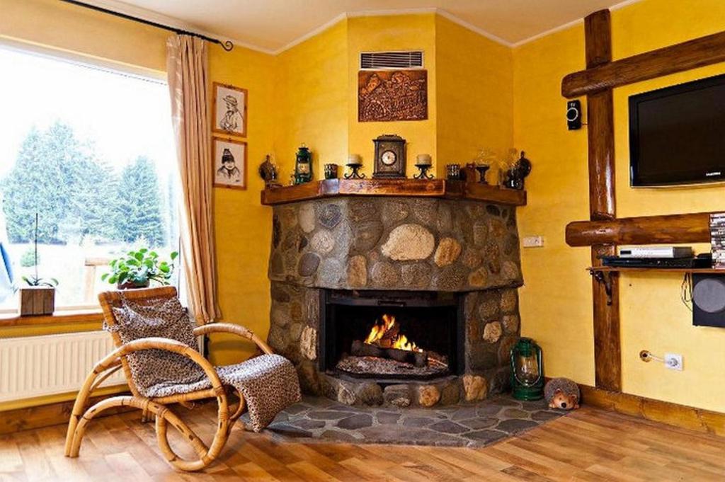 a living room with a stone fireplace and a chair at Cabana Mariuca Fundata in Fundata