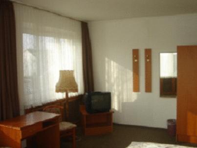 カンプ・リントフォルトにあるHotel Lintforter Hofのテレビとリビングルームが備わるホテルルームです。