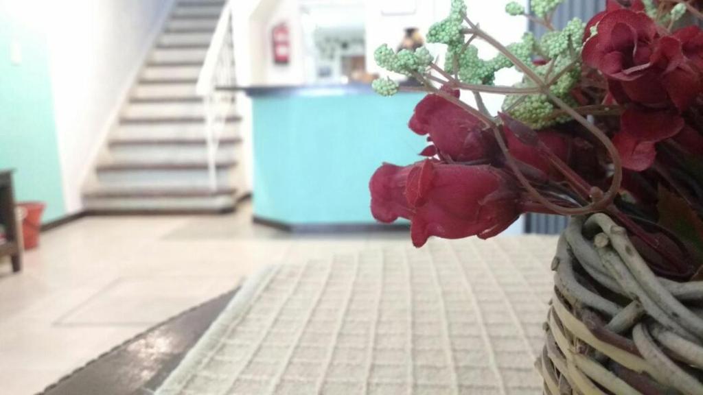 a vase filled with red flowers on a tile floor at Hotel Messina in Mar del Plata