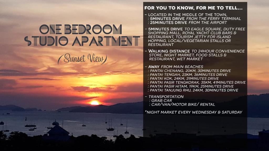 un flyer pour une retraite studio avec vue sur le coucher du soleil dans l'établissement Sunset view Apartment, à Kuah