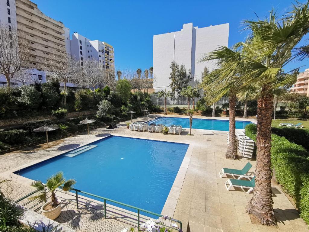 una piscina con palmeras y edificios en Apartment Jardins Rose Vista Mar en Portimão