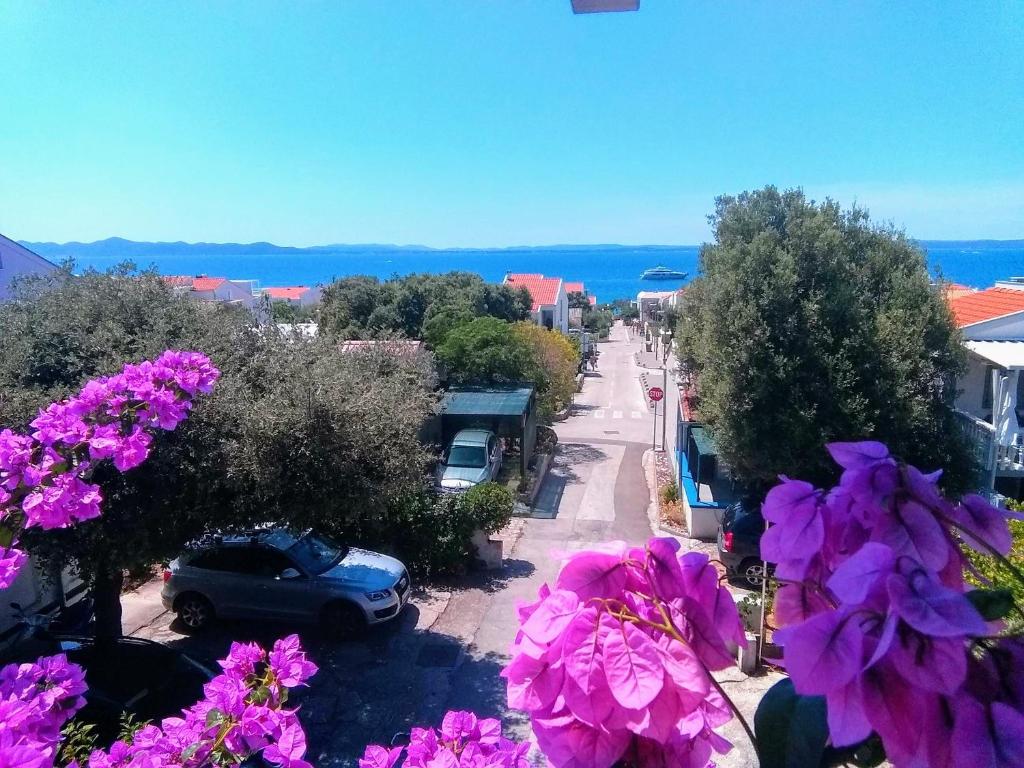 uma vista para uma rua da cidade com flores roxas em Apartment Vila Nina em Petrcane