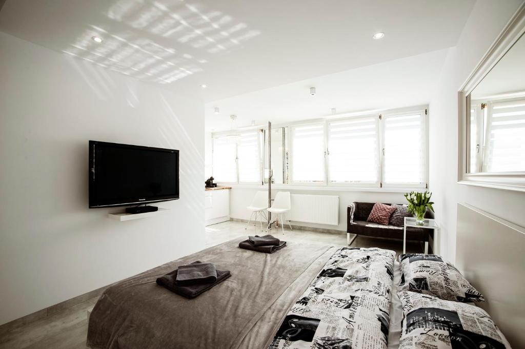 sala de estar con cama grande y TV de pantalla plana en Super komfortowe mieszkanie - MTB Narty Góry Sowie, en Dzierżoniów