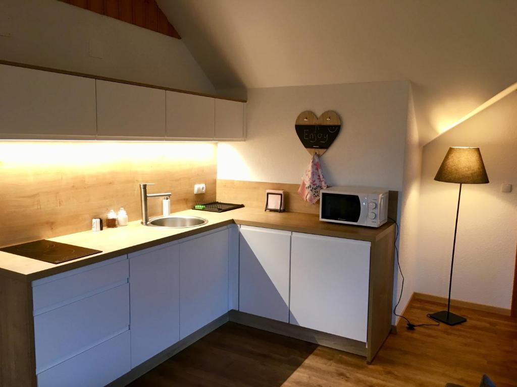 Kuchyň nebo kuchyňský kout v ubytování Lusht'n apartma