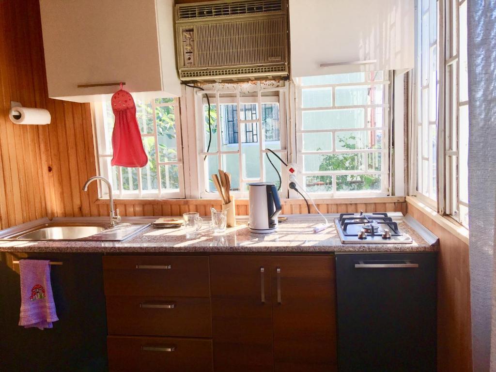 d'une cuisine avec évier et cuisinière et de fenêtres. dans l'établissement Green house in Gonio economy class, à Kvariati