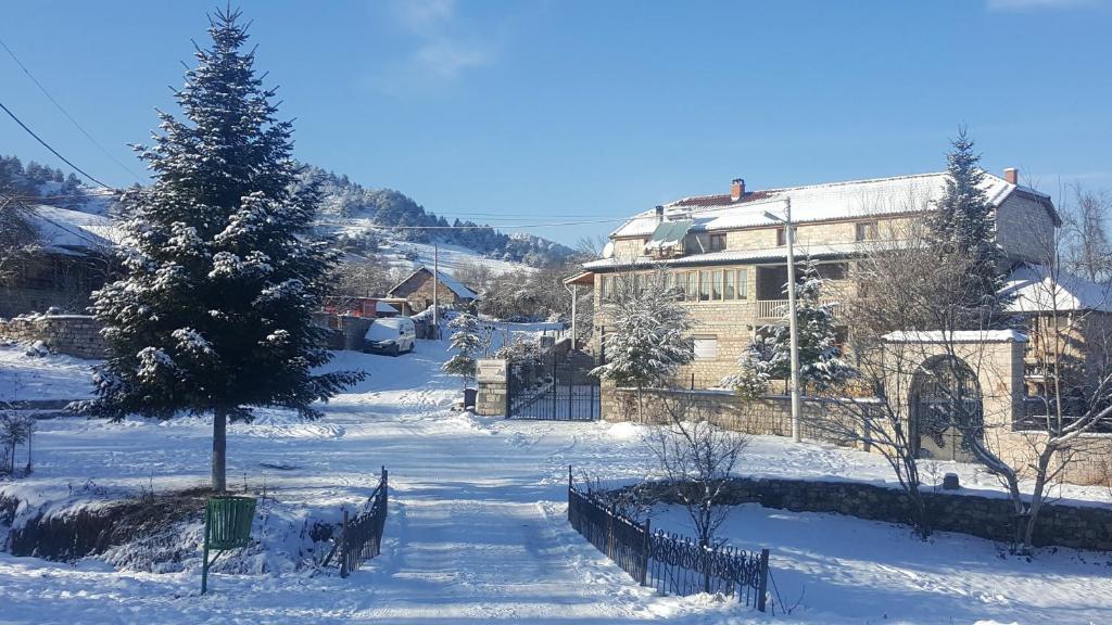 un patio cubierto de nieve con un árbol y un edificio en Pashuta en Voskopojë