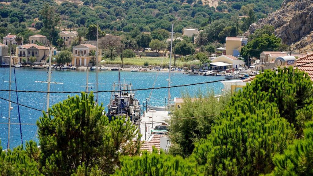 a boat is docked in a marina on a lake at Irene Double Apartment Katoi in Symi