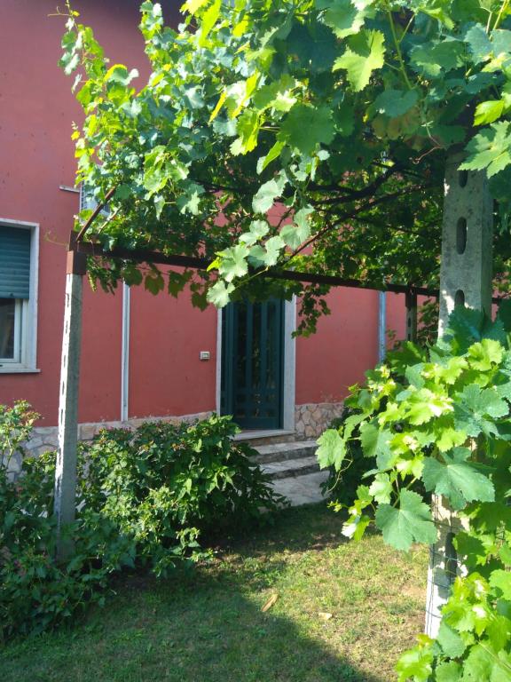 ein rotes Haus mit einer Treppe, die zu einer Tür führt in der Unterkunft Bella di notte in San Giorgio a Liri