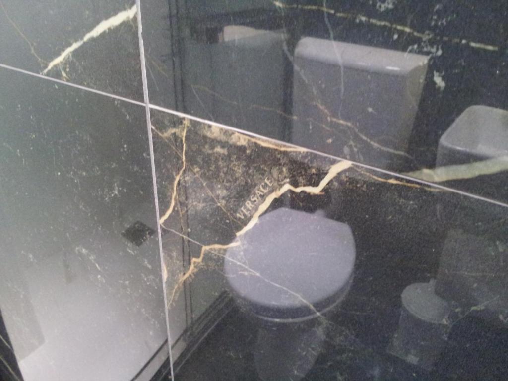 a dirty bathroom with a toilet in a room at Apartmani MITIĆ in Veliko Gradište