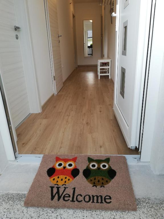 two owls on a welcome mat in a hallway at Apartma Vojvoda in Bohinj