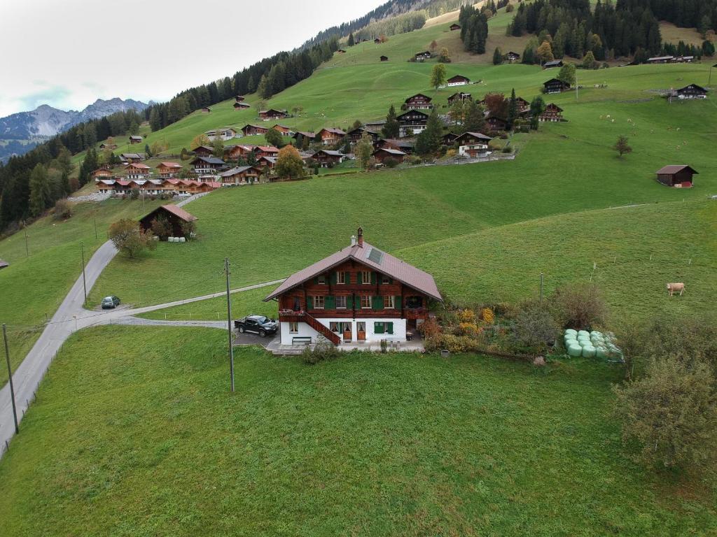 un piccolo villaggio su una collina verde con case di Gutenbrunnenstrasse 94 a Lenk