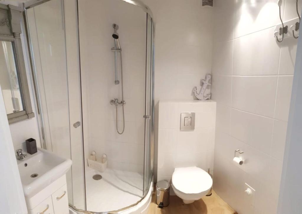 a bathroom with a shower and a toilet and a sink at A może morze? in Sztutowo