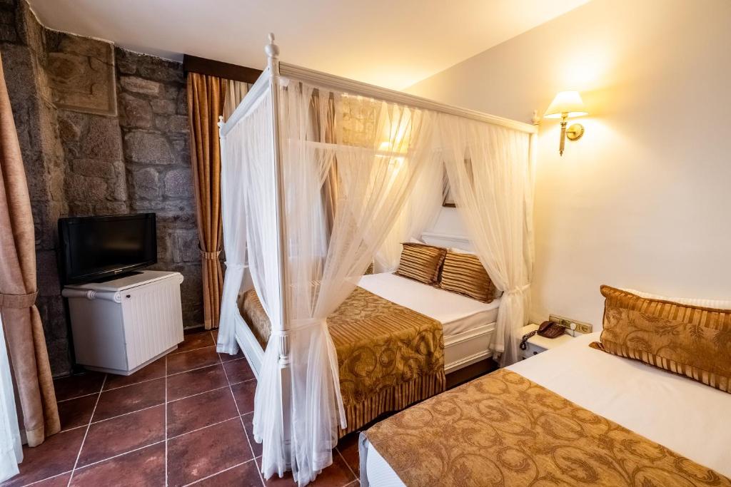 um quarto de hotel com duas camas e uma televisão em Tas Otel 17 em Behramkale