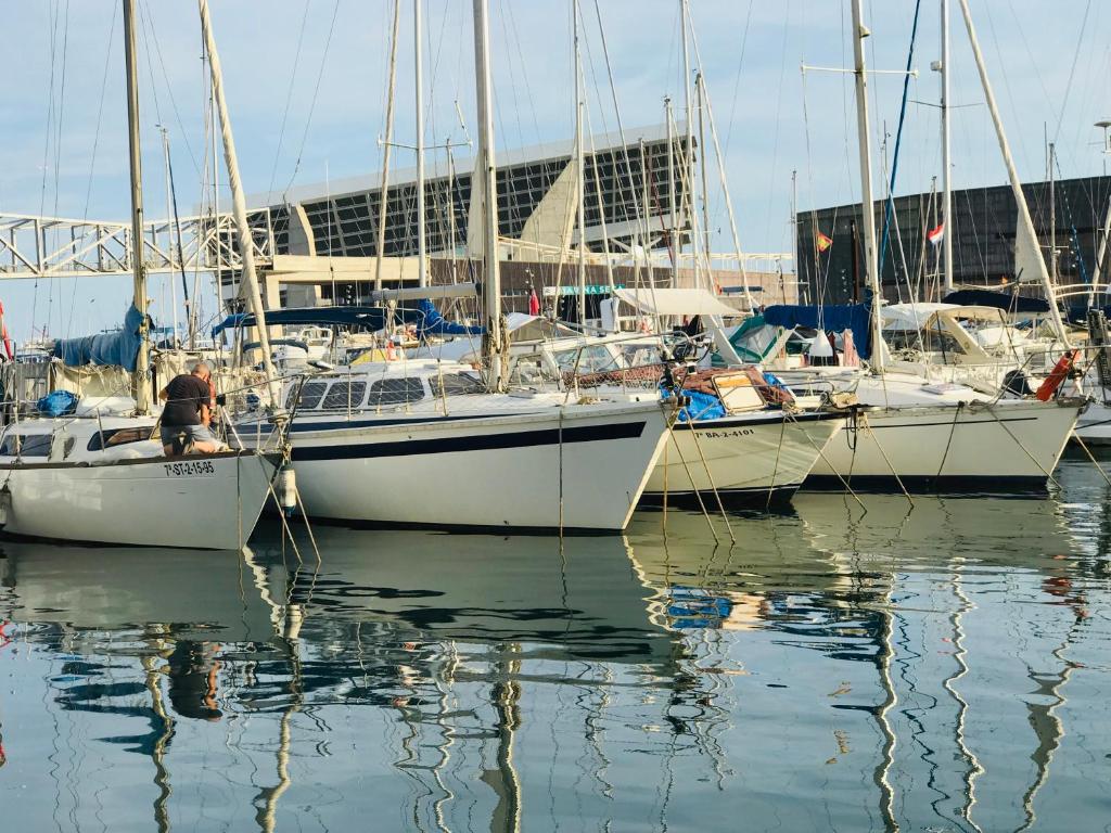 un grupo de barcos atracados en un puerto en Sleep & Boats Barcelona City, en Barcelona