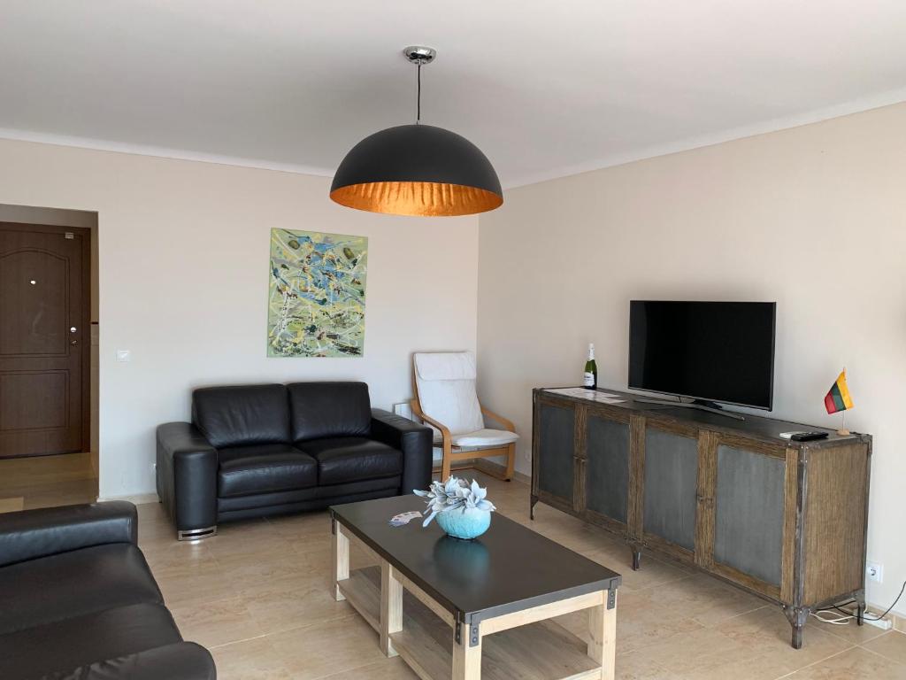 Televízia a/alebo spoločenská miestnosť v ubytovaní Apartamentai