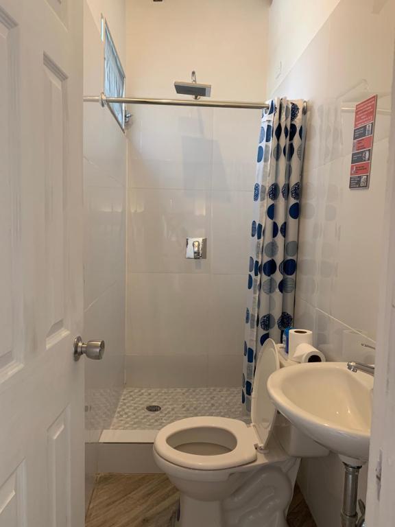 a bathroom with a toilet and a sink and a shower at Palmira Hostel in Tegucigalpa