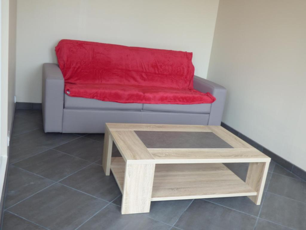 a couch with a red blanket and a coffee table at Appartement Plein Sud in Berck-sur-Mer